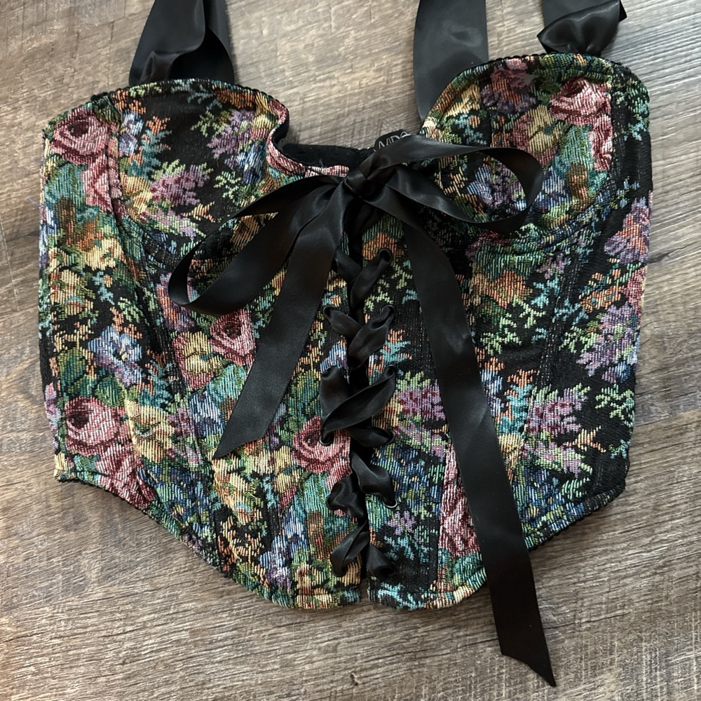 Dolls Kill Floral Corset Top with Black Ribbon